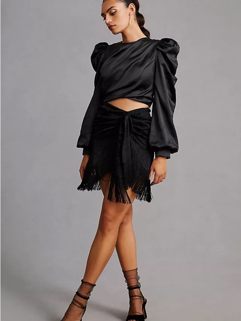 ANTHROPOLOGIE MARE MARE Black Satin Puff Sleeve Crop Top Size XS - Picture 2 of 7